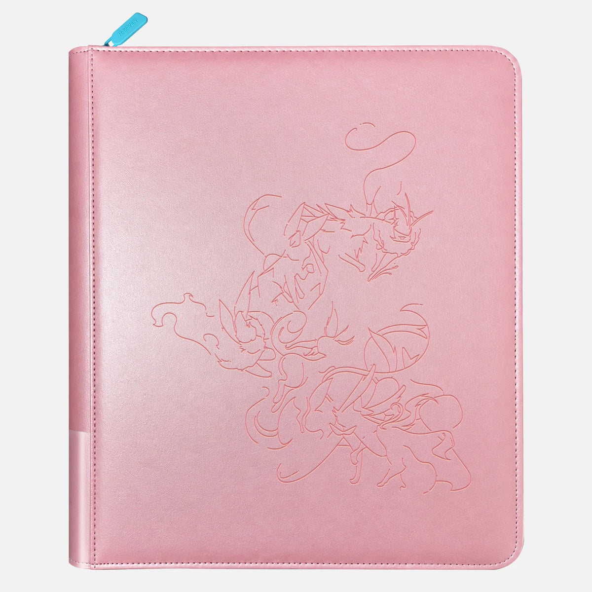 Pink leather Pokemon toploader binder with eight Eevee family Pokemon debossed in line art and a sky-blue zipper pull