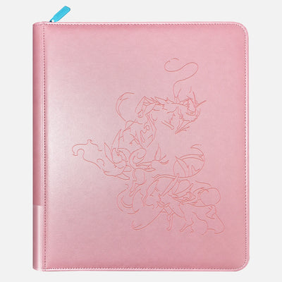 Pink leather Pokemon toploader binder with eight Eevee family Pokemon debossed in line art and a sky-blue zipper pull