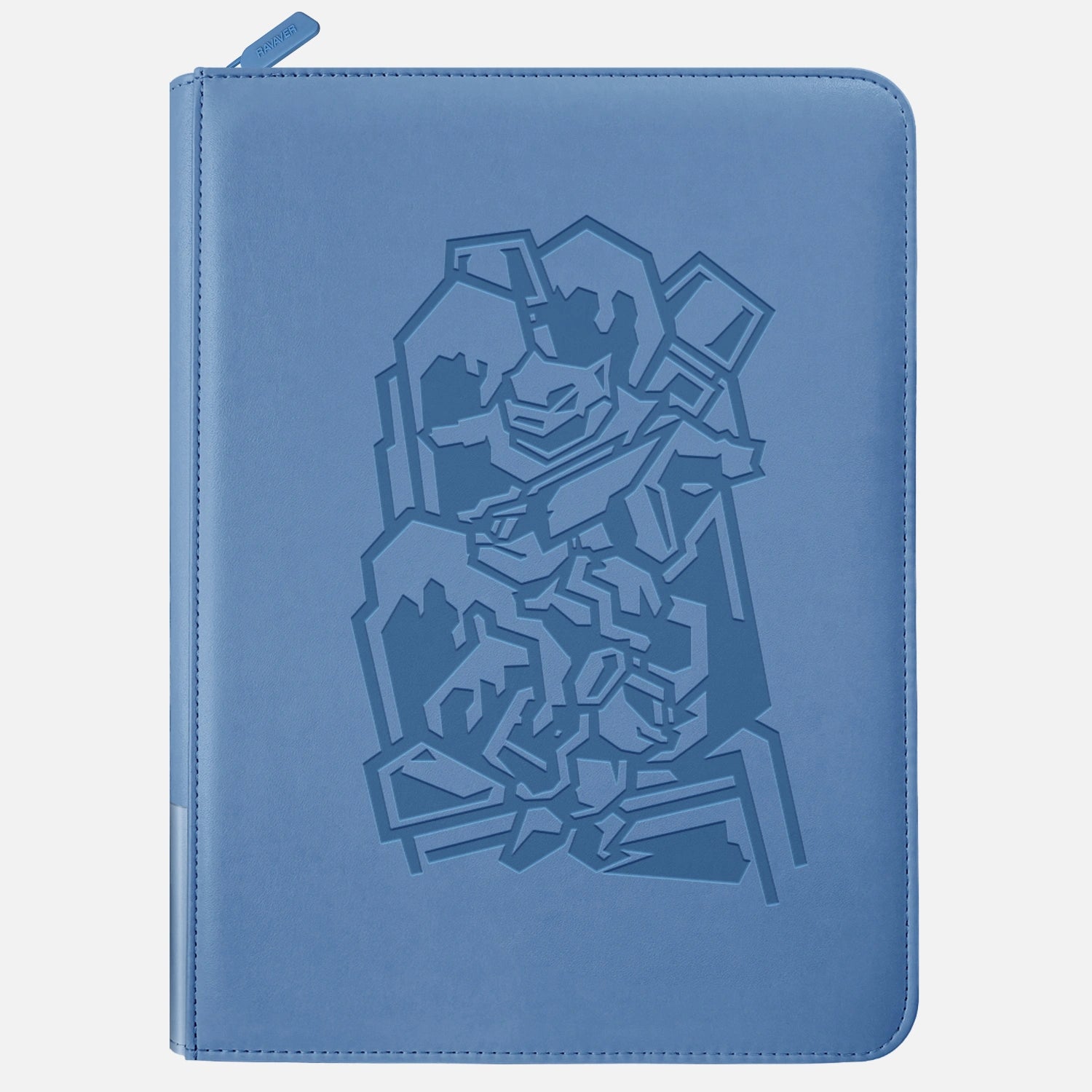 Blue leather Pokemon card binder with embossed Blastoise evolution design and zippered closure