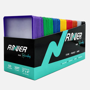 120-count box of rigid 3x4 toploaders standing upright, sorted into eight colored edge sections from purple to black
