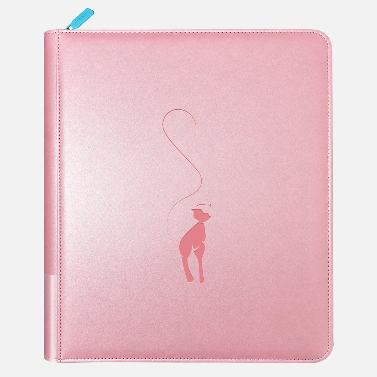 Pink leather Pokemon toploader binder with a rose Mew silhouette, a line-drawn tail, and a sky-blue zipper pull