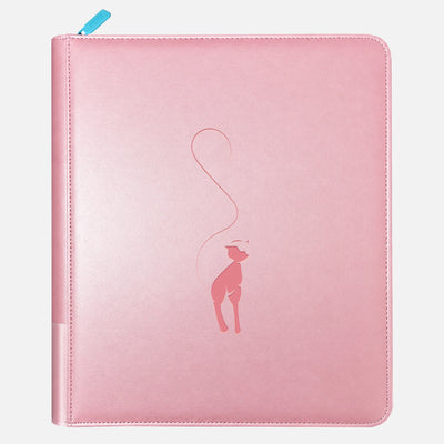 Pink leather Pokemon toploader binder with a rose Mew silhouette, a line-drawn tail, and a sky-blue zipper pull