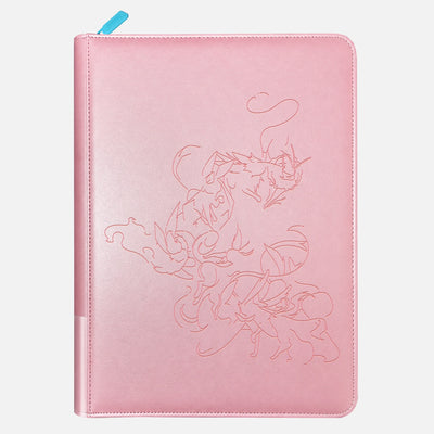 Pink leather Pokemon card binder with eight Eevee family Pokemon debossed in line art and a sky-blue zipper pull