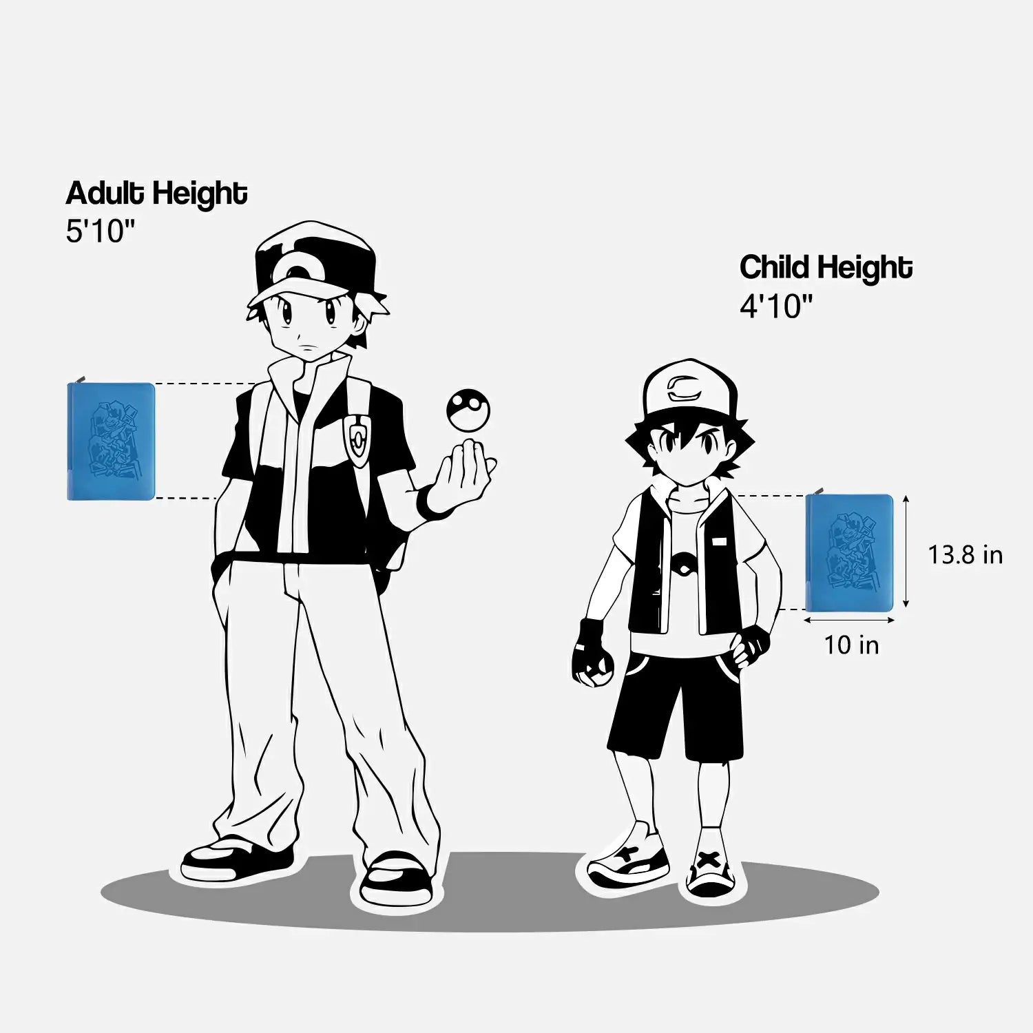 Size chart comparing Pokemon card binder dimensions of 13.8 by 10 inches against trainer figures