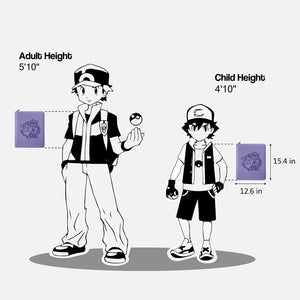 Size chart showing purple Pokemon toploader binder dimensions of 15.4 by 12.6 inches against trainer figures
