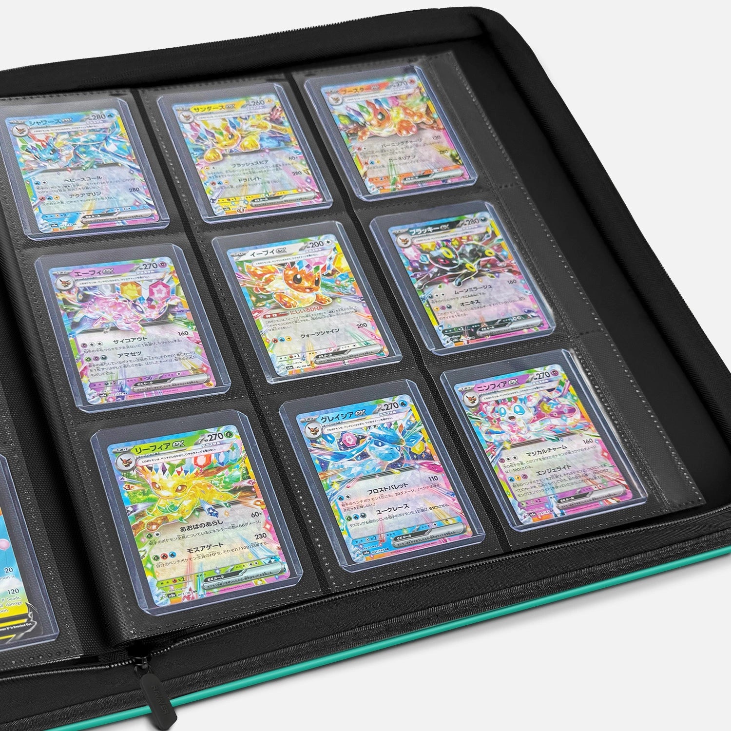 Open green Pokemon toploader binder showing 9-pocket pages filled with holographic cards in toploaders
