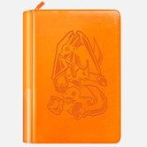 Orange leather 4-pocket Pokemon card binder with embossed Charizard design and orange zipper pull