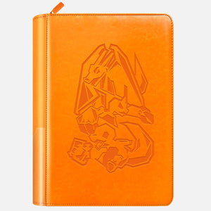 Orange leather 4-pocket Pokemon card binder with embossed Charizard design and orange zipper pull
