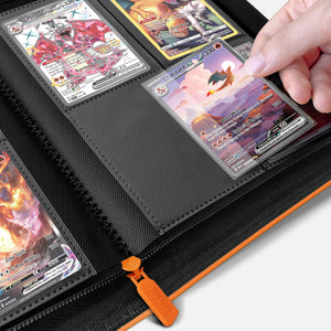 Hand placing a holographic Charizard card into a crystal-clear pocket on an open orange 4-pocket Pokemon card binder