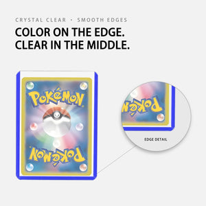 Close-up of a blue-edge toploader holding a trading card, showing the clear center panel and seamless rounded edge