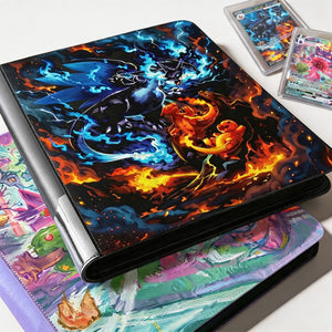 Custom Pokemon toploader binder featuring Charizard fire battle cover displayed beside scattered holo Pokemon cards