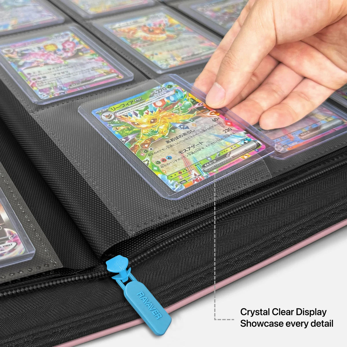 Hand sliding a toploadered Pokemon card into a crystal-clear side-loading pocket