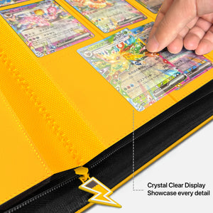 Hand sliding a holographic Pokemon card into a clear side-loading pocket on a yellow Pikachu Face card binder