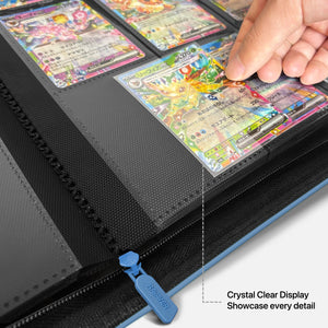 Hand placing a holographic Pokemon card into a crystal-clear pocket on an open blue card binder