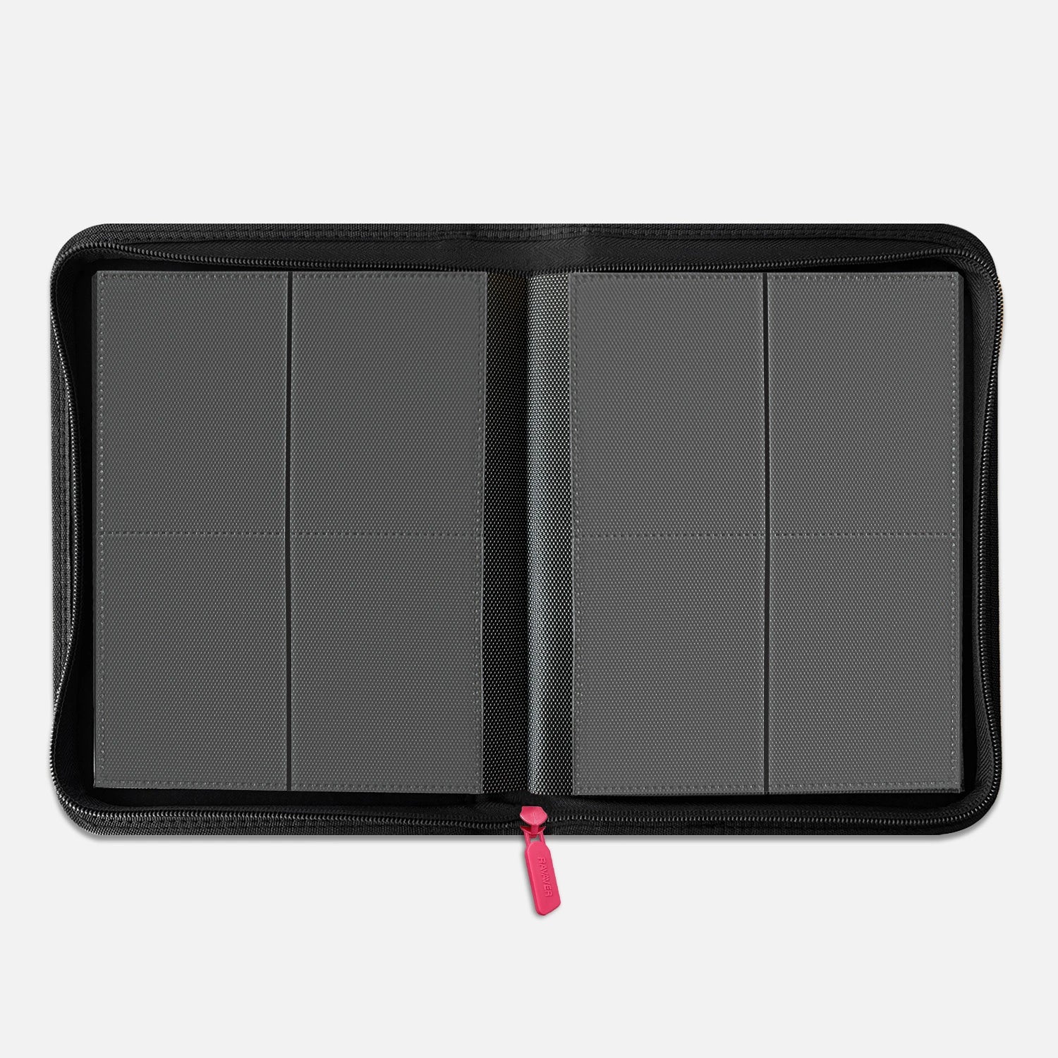 Interior view of a green 4-pocket Pokemon card binder with empty black side-loading pages and 160-card capacity