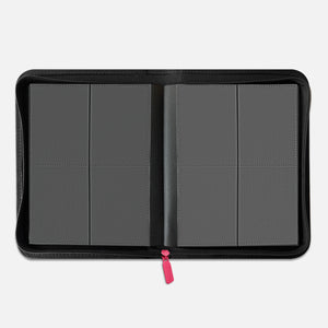 Interior view of a green 4-pocket Pokemon card binder with empty black side-loading pages and 160-card capacity