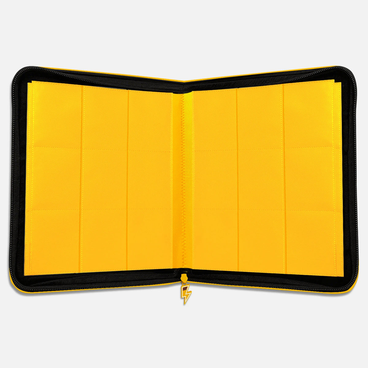 Interior of a yellow Pikachu Face card binder showing empty yellow 9-pocket pages and a lightning-bolt zipper pull