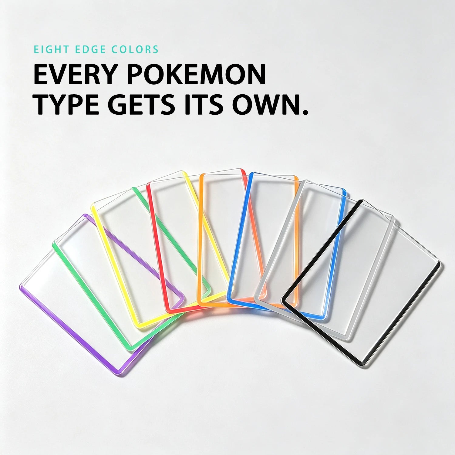 Eight rigid toploaders fanned out side by side in purple, green, yellow, red, orange, blue, grey and black edges