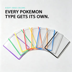 Eight rigid toploaders fanned out side by side in purple, green, yellow, red, orange, blue, grey and black edges