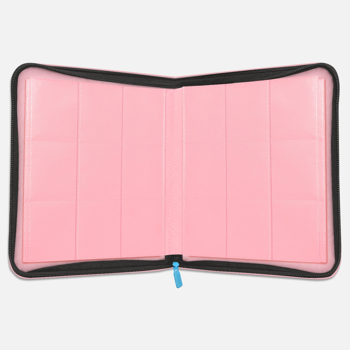 Interior of a pink Mew card binder showing empty pink 9-pocket pages and a sky-blue zipper pull