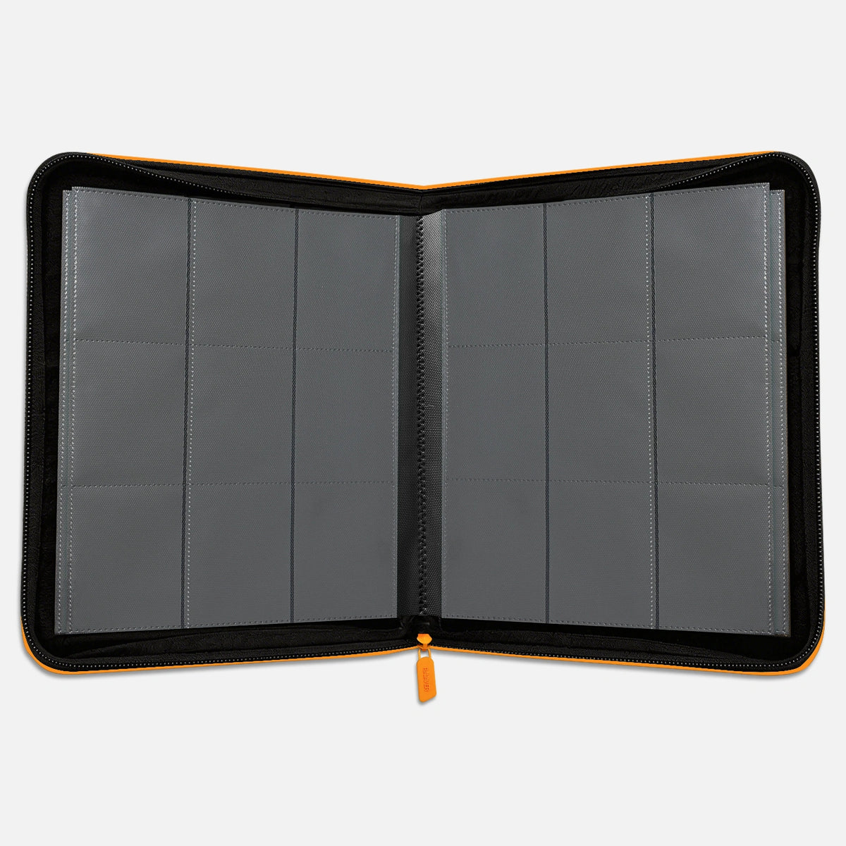 Interior view of an orange Pokemon toploader binder with empty 9-pocket pages and 252-toploader capacity