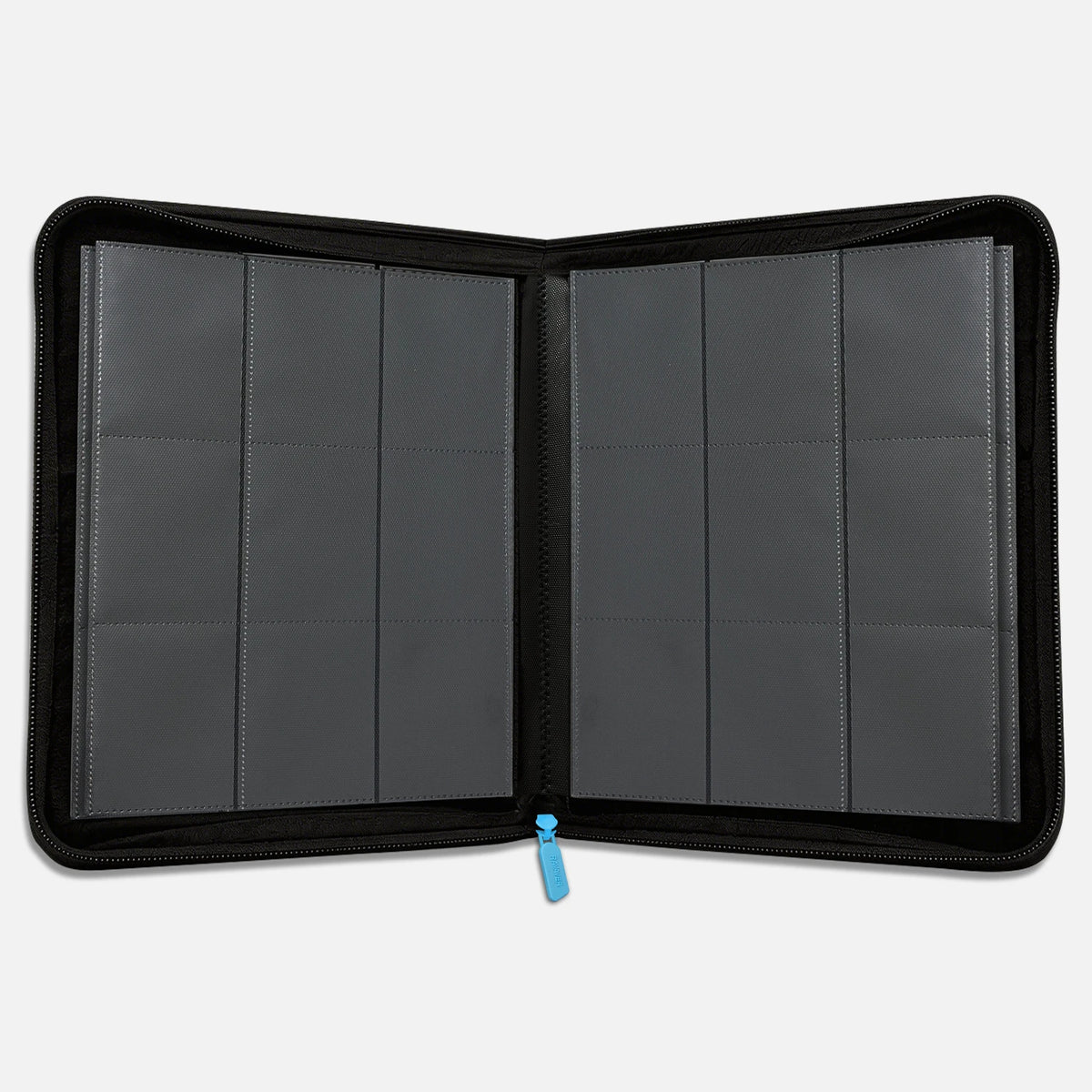 Interior of a pink Eevee Family toploader binder showing empty dark 9-slot pages
