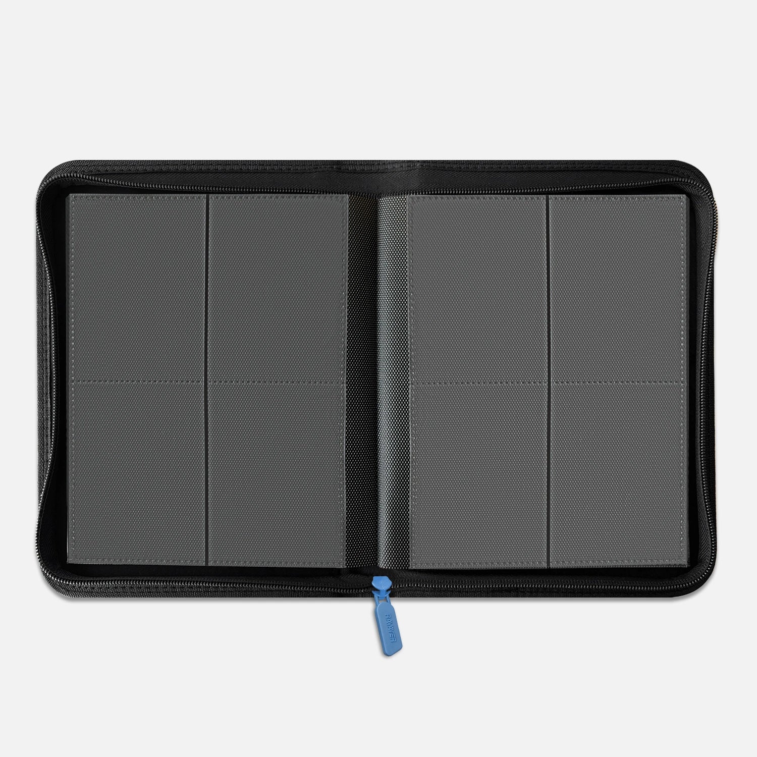 Interior view of a blue 4-pocket Pokemon card binder with empty black side-loading pages and 160-card capacity