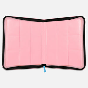 Interior of a pink Eevee Family card binder showing empty pink 9-pocket pages