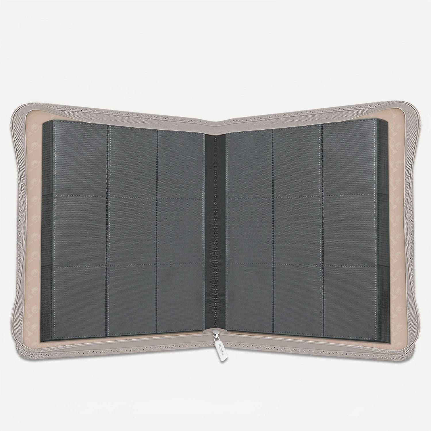 Interior view of a white Pokemon toploader binder with empty 9-pocket pages and 252-card capacity
