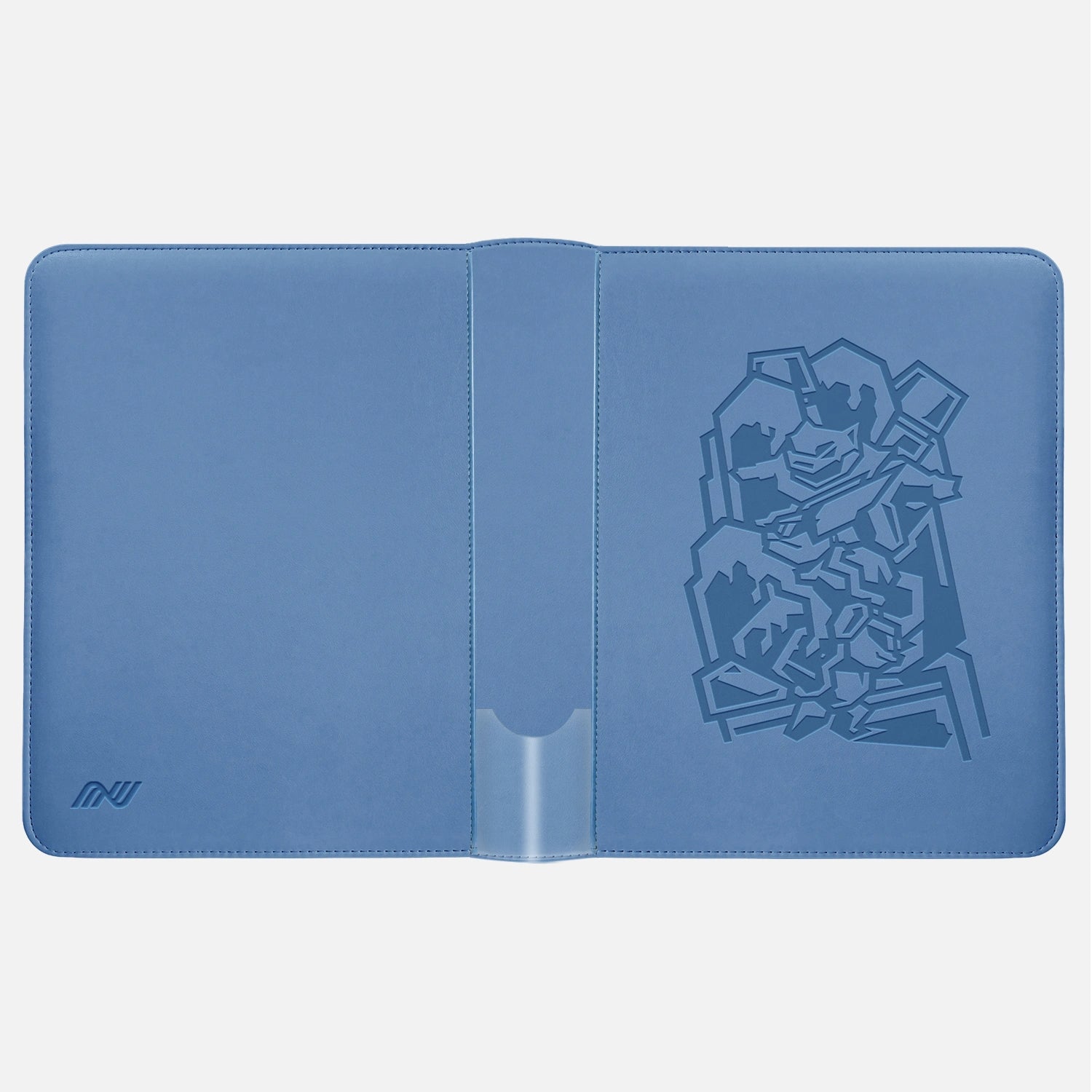 Blue Pokemon card binder laid open showing the embossed Blastoise inner cover
