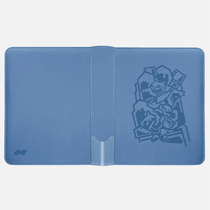 Blue Pokemon card binder laid open showing the embossed Blastoise inner cover