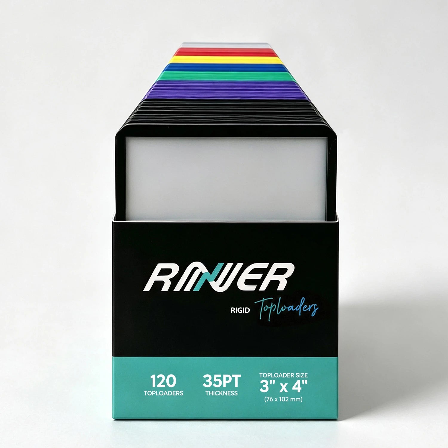 Front of the toploader box showing 120 count, 35PT thickness and 3 by 4 inch size, with color-sorted toploaders stacked inside