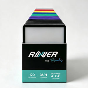 Front of the toploader box showing 120 count, 35PT thickness and 3 by 4 inch size, with color-sorted toploaders stacked inside