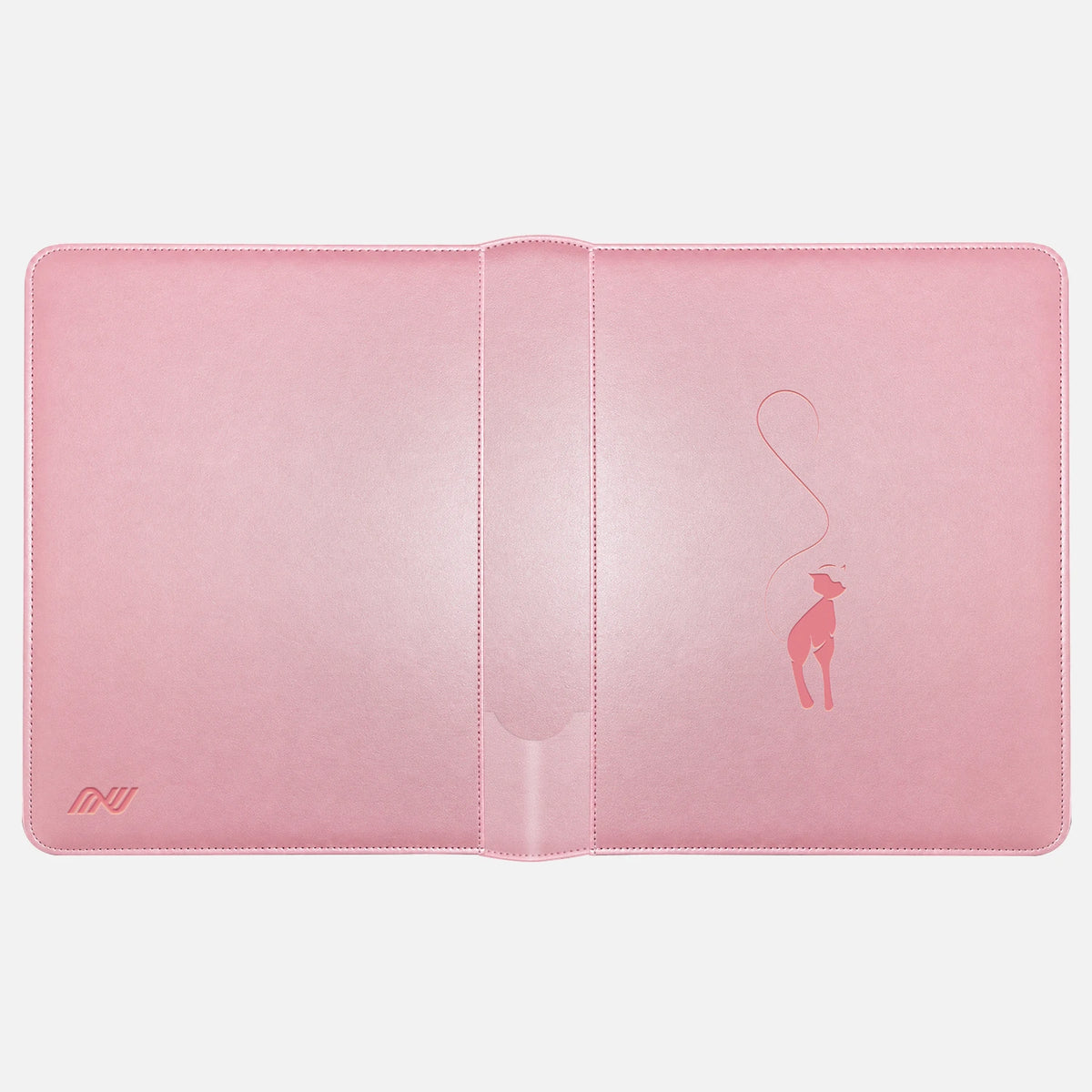 Pink Mew toploader binder laid flat showing the rose Mew silhouette on the front and the embossed logo on the back