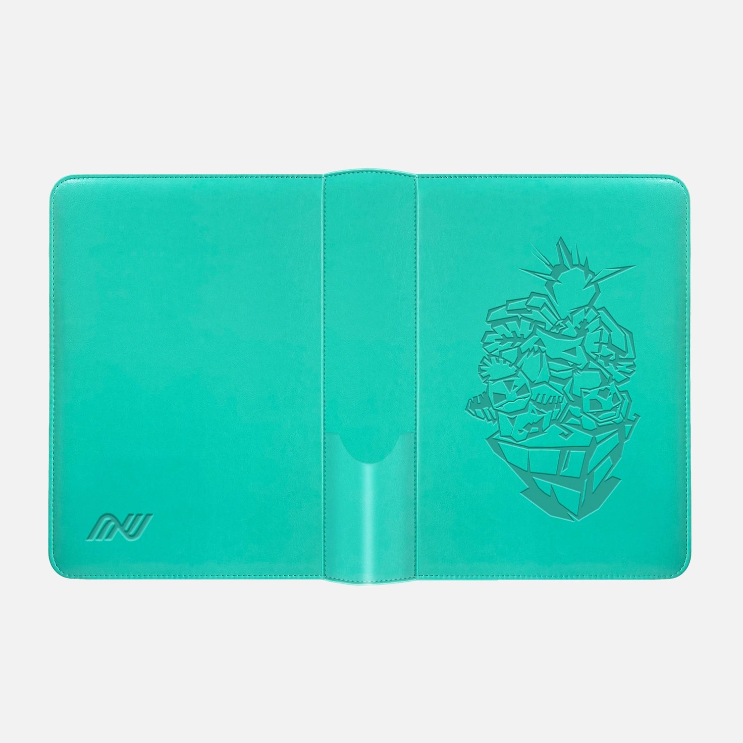 Green Pokemon card binder laid open showing the embossed Venusaur inner cover
