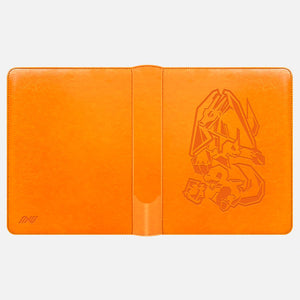 Orange Pokemon toploader binder laid flat showing the full embossed Charizard cover and inner flap