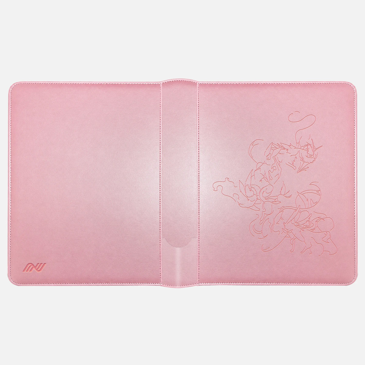Pink Eevee Family toploader binder laid flat showing the eight-Pokemon line art front and the embossed logo on the back