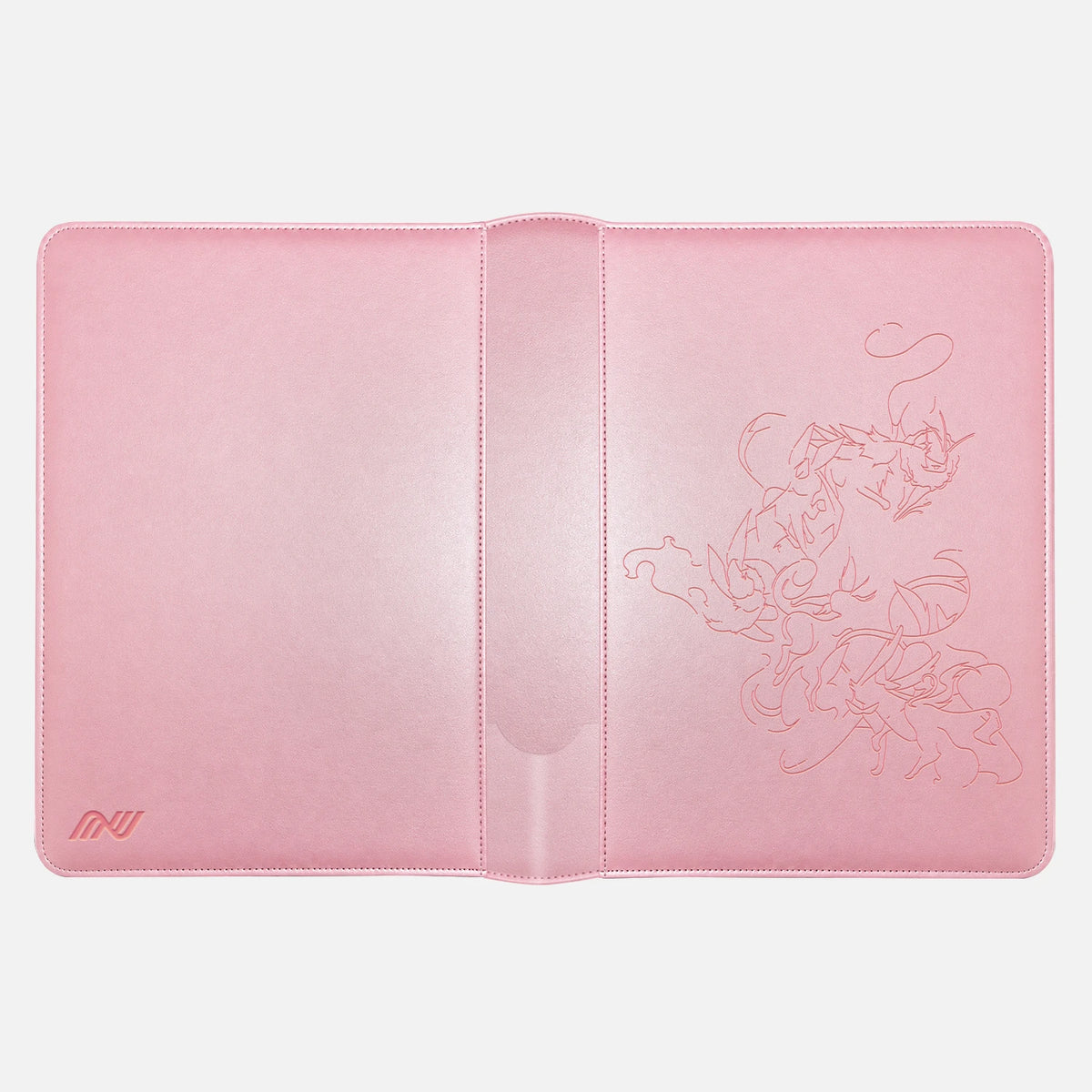 Pink Eevee Family card binder laid flat showing the eight-Pokemon line art front and the embossed logo on the back