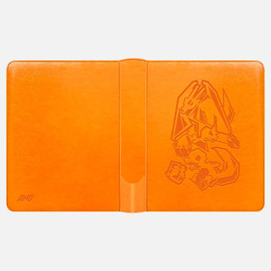 Orange Pokemon card binder laid flat showing the full embossed Charizard evolution line cover