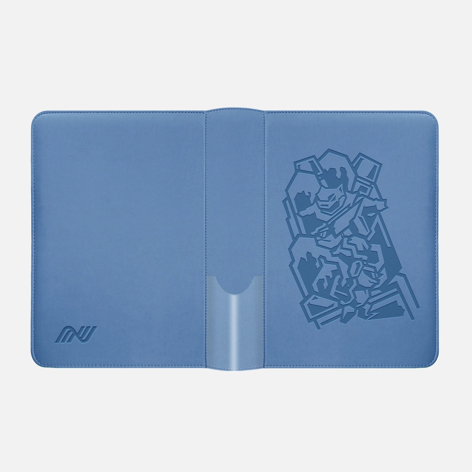 Blue Pokemon card binder laid open showing the embossed Blastoise inner cover