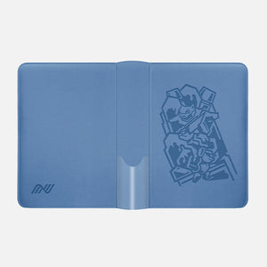 Blue Pokemon card binder laid open showing the embossed Blastoise inner cover