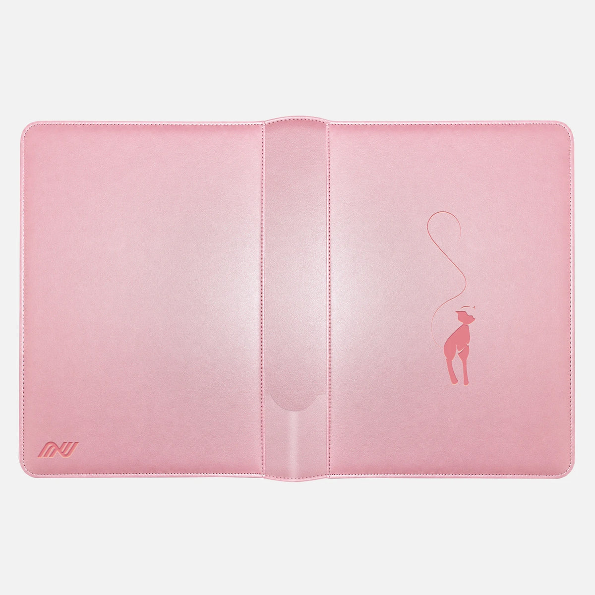 Pink Mew card binder laid flat showing the rose Mew silhouette on the front and the embossed logo on the back