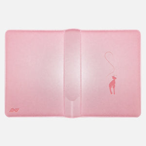 Pink Mew card binder laid flat showing the rose Mew silhouette on the front and the embossed logo on the back