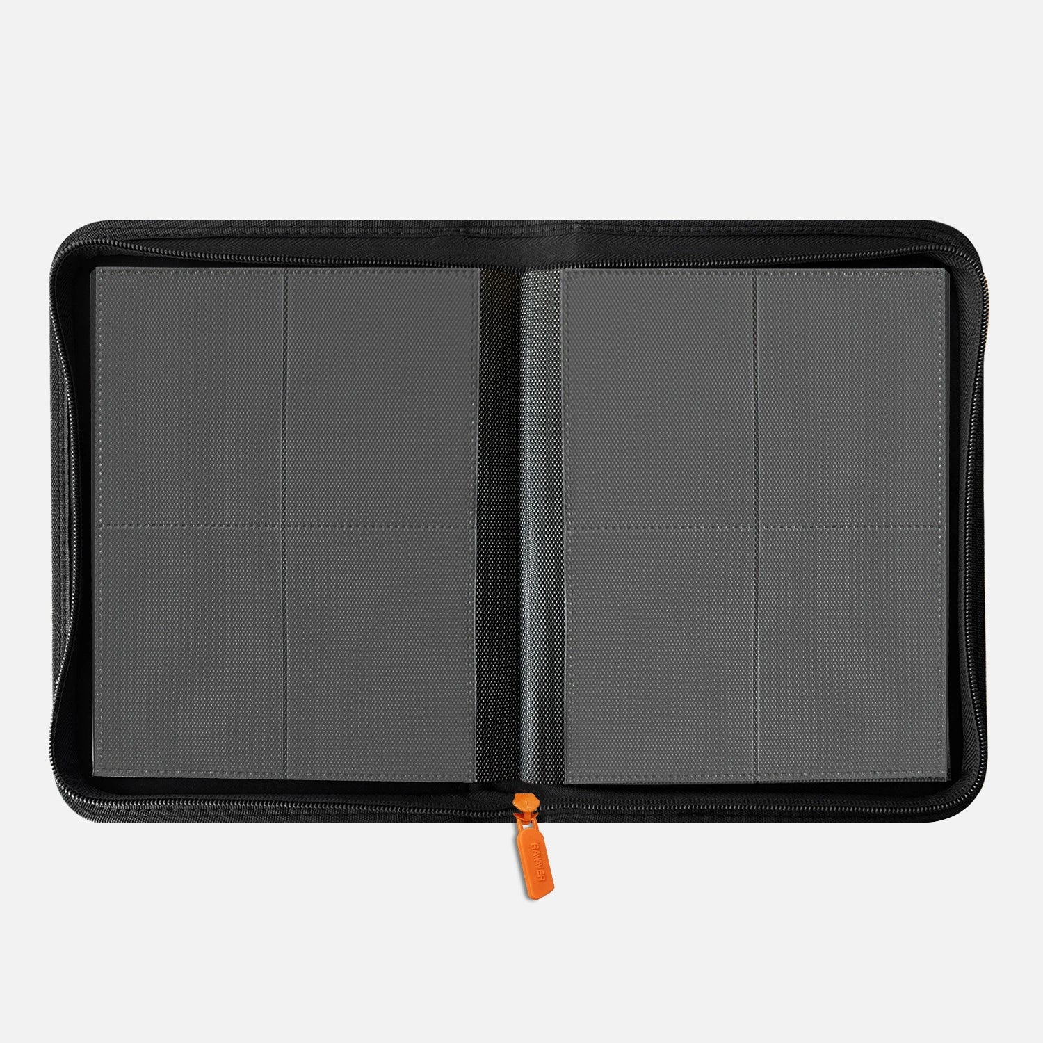 Interior view of an orange 4-pocket Pokemon card binder with empty black side-loading pages and 160-card capacity