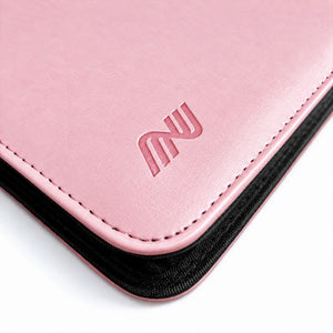 Close-up of the embossed logo, pink PU leather cover, and edge stitching on an Eevee Family toploader binder corner