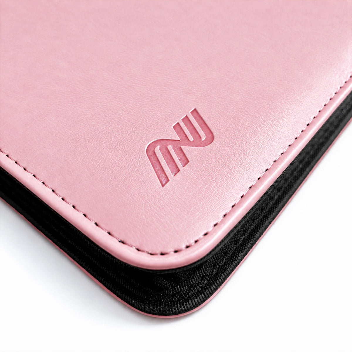 Close-up of the embossed logo, pink PU leather cover, and edge stitching on a Mew card binder corner