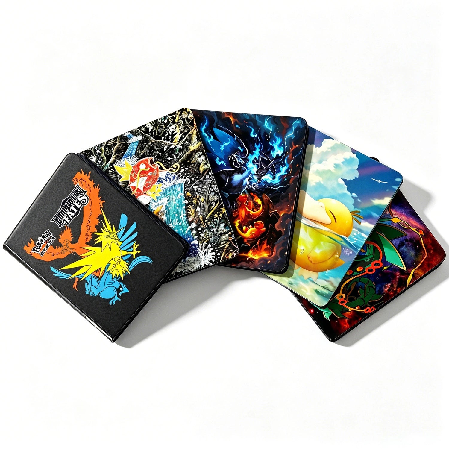 Five custom Pokemon toploader binders lined up showing different personalized cover designs and color options