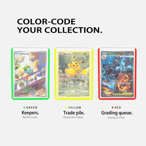 Three cards in green, yellow and red edge toploaders, used to sort a collection into keepers, trade pile and grading queue