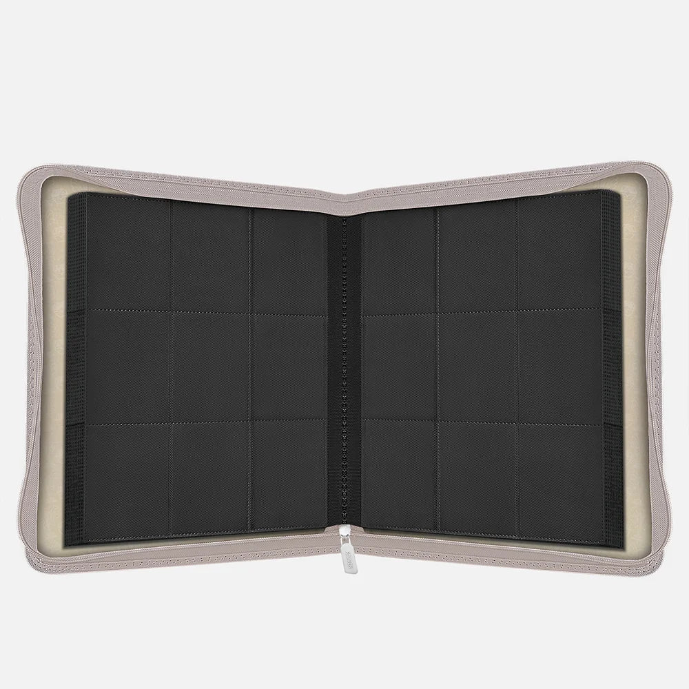 Interior view of white Pokemon toploader binder with empty 9-pocket pages and 252-card capacity