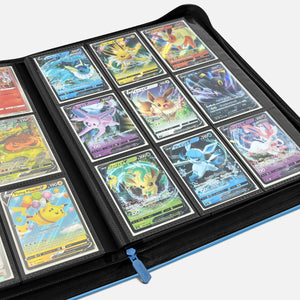 Open blue Pokemon card binder showing 9-pocket pages displaying holographic trading cards